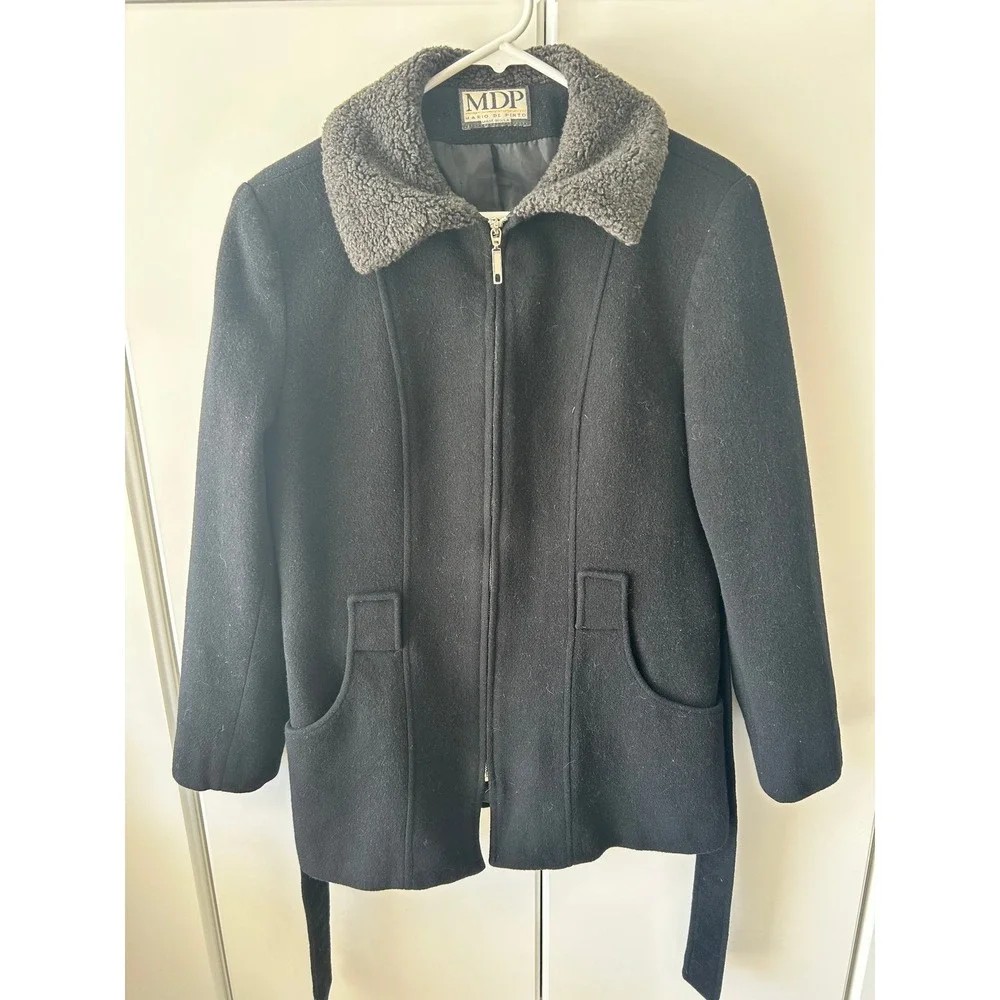Mario De Pinto Vintage Black Wool Blend Zip Up Coat Faux Fur Collar Belt USA